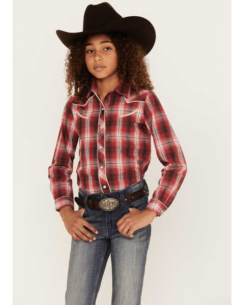 Roper Girls' Plaid Print Long Sleeve Snap Western Shirt, Red, hi-res