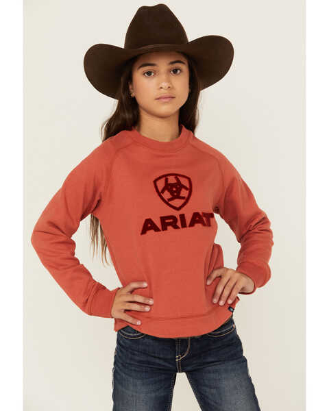 Ariat Girls' Benicia Felt Logo Sweatshirt, Rust Copper, hi-res