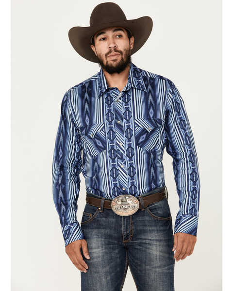 Rock & Roll Denim Men's Southwestern Striped Print Long Sleeve Snap Stretch Western Shirt, Blue, hi-res