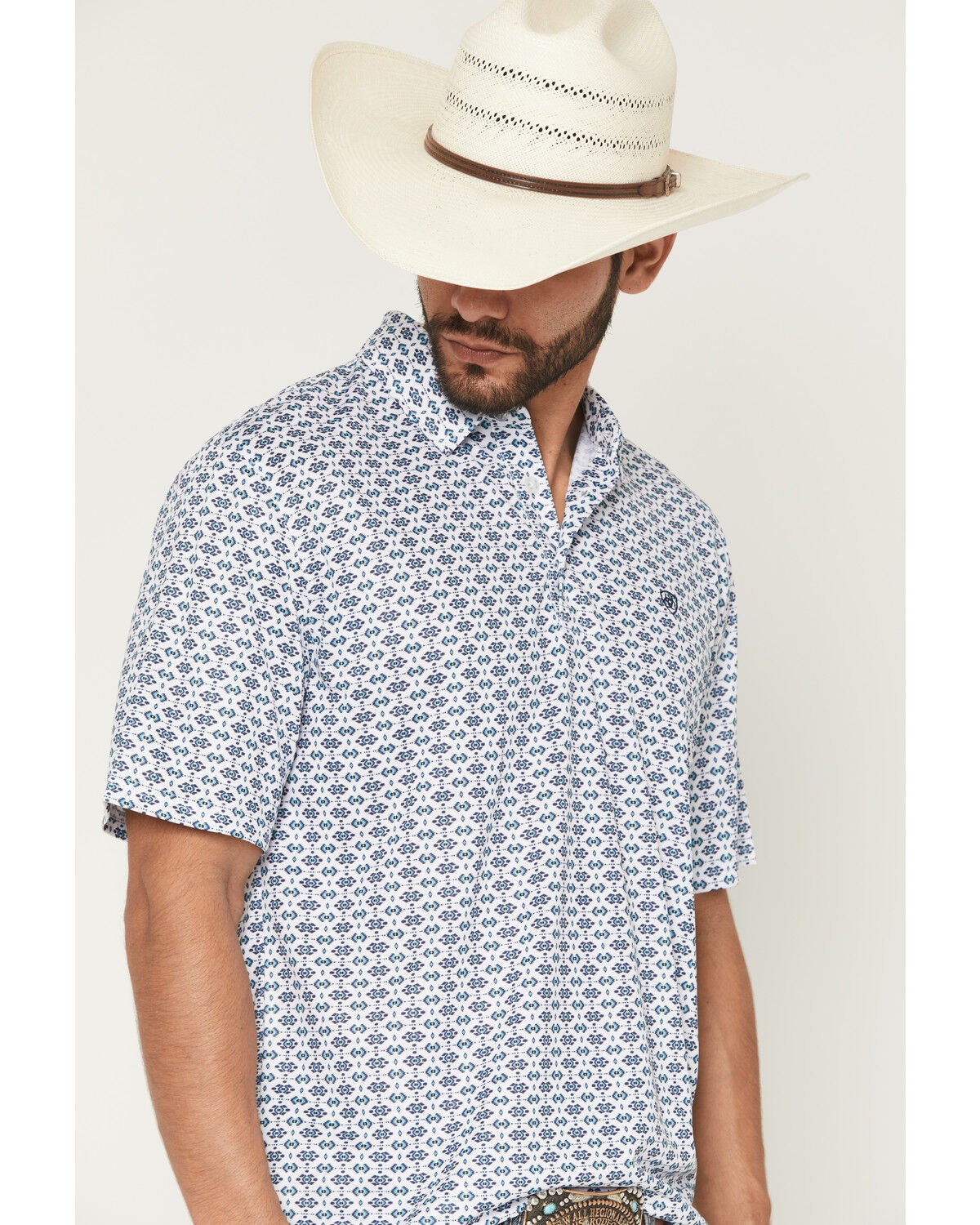 Image #2 - Ariat Men's Southwestern Print Short Sleeve Button-Down Polo, White, hi-res