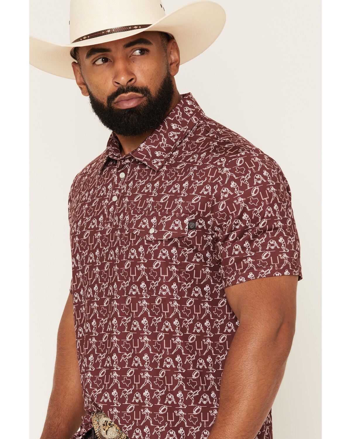 Image #2 - Rock & Roll Denim Men's Game Day Short Sleeve Snap Polo, Maroon, hi-res