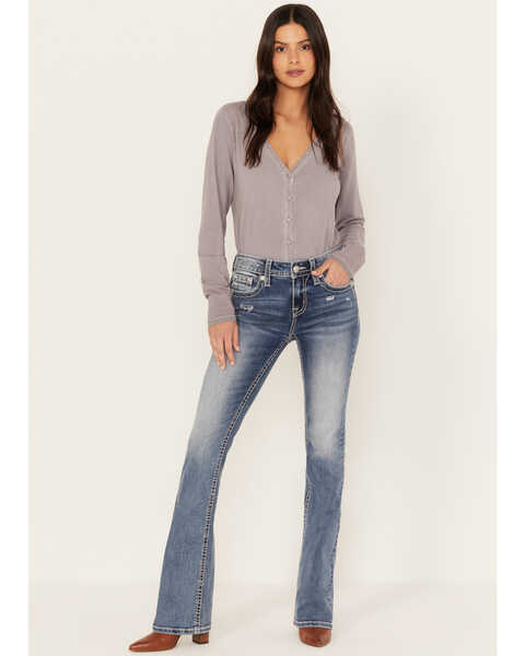 Image #3 - Miss Me Women's Medium Wash Mid Rise Cross Embroidered Bootcut Jeans, Medium Blue, hi-res