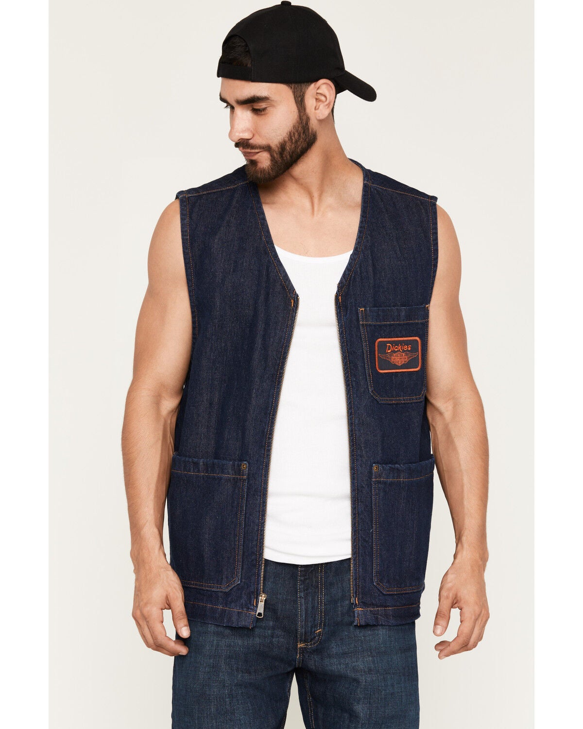 Image #1 - Dickies X Harley Davidson Men's Dark Wash Zip-Up Denim Vest, Dark Wash, hi-res