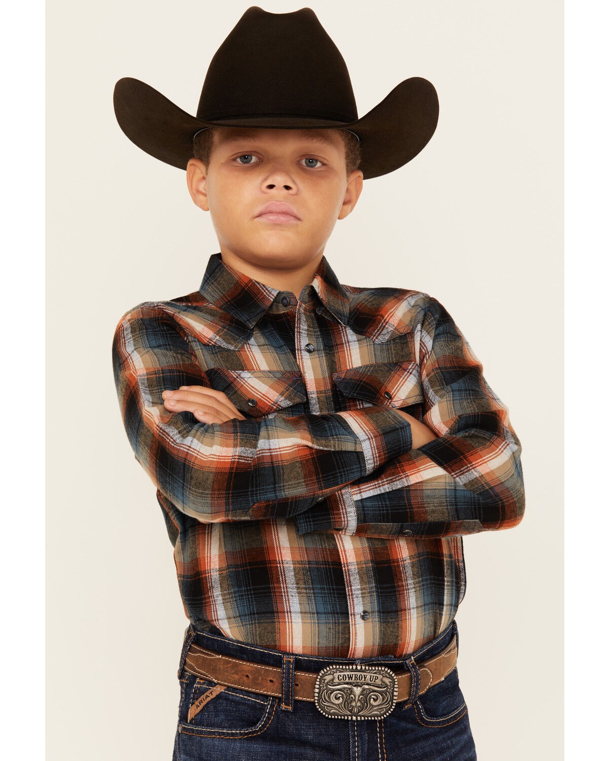 Image #1 - Cody James Boys' Plaid Print Long Sleeve Snap Flannel Shirt, Brown, hi-res