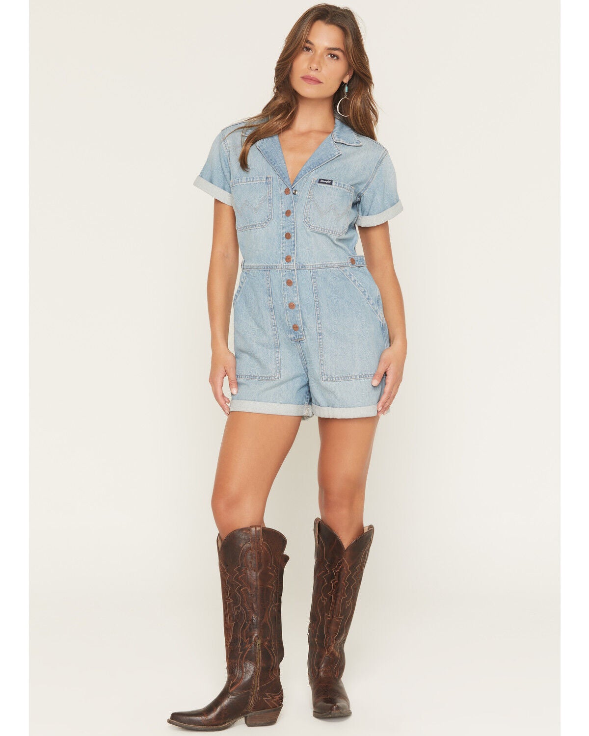 Image #1 - Wrangler Retro Women's Short Sleeve Snap Denim Romper, Blue, hi-res