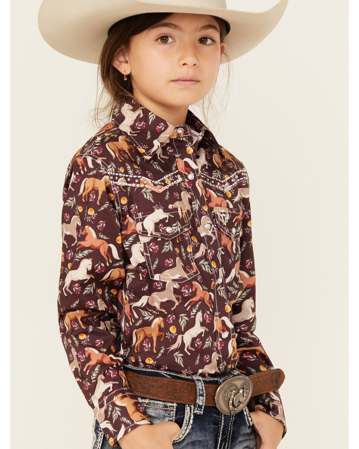 Image #2 - Cowgirl Hardware Girls' Floral Horse Print Long Sleeve Snap Western Shirt, , hi-res