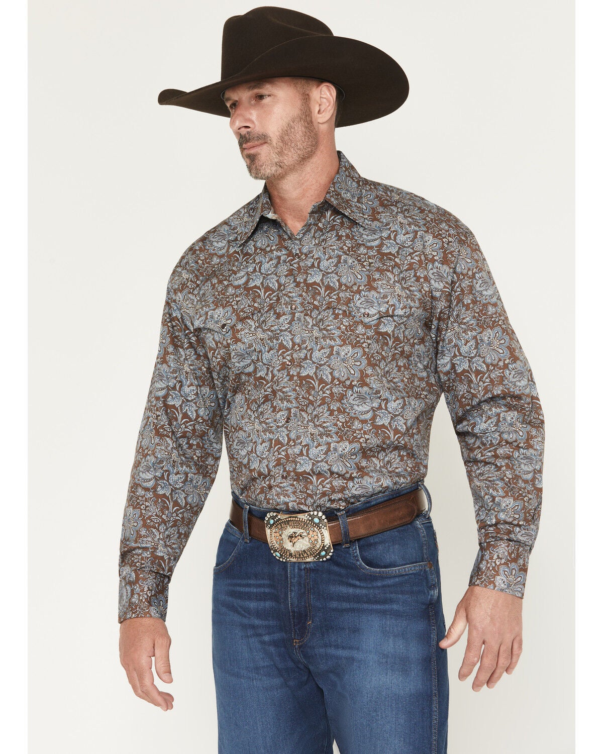 Image #1 - Stetson Men's Floral Paisley Print Long Sleeve Snap Western Shirt, Brown, hi-res