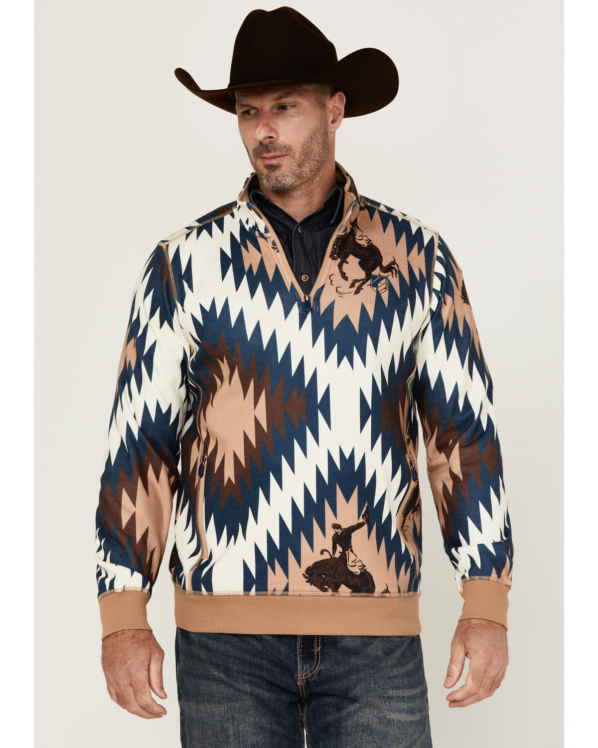 Image #1 - RANK 45® Men's Southwestern Print 1/4 Zip-Up Pullover, Tan, hi-res
