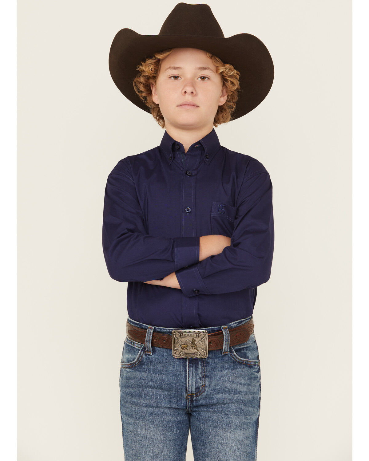 Image #1 - Panhandle Boys' Solid Long Sleeve Button-Down Stretch Western Shirt, Blue, hi-res