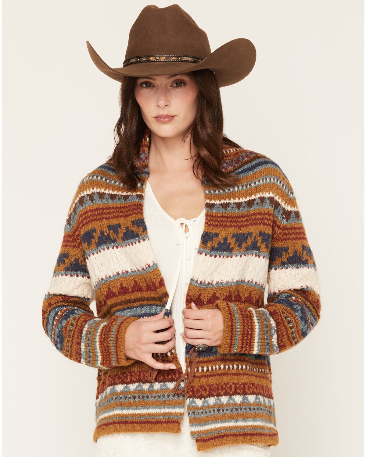 Image #1 - Cotton & Rye Women's Southwestern Striped Cardigan, Tan, hi-res