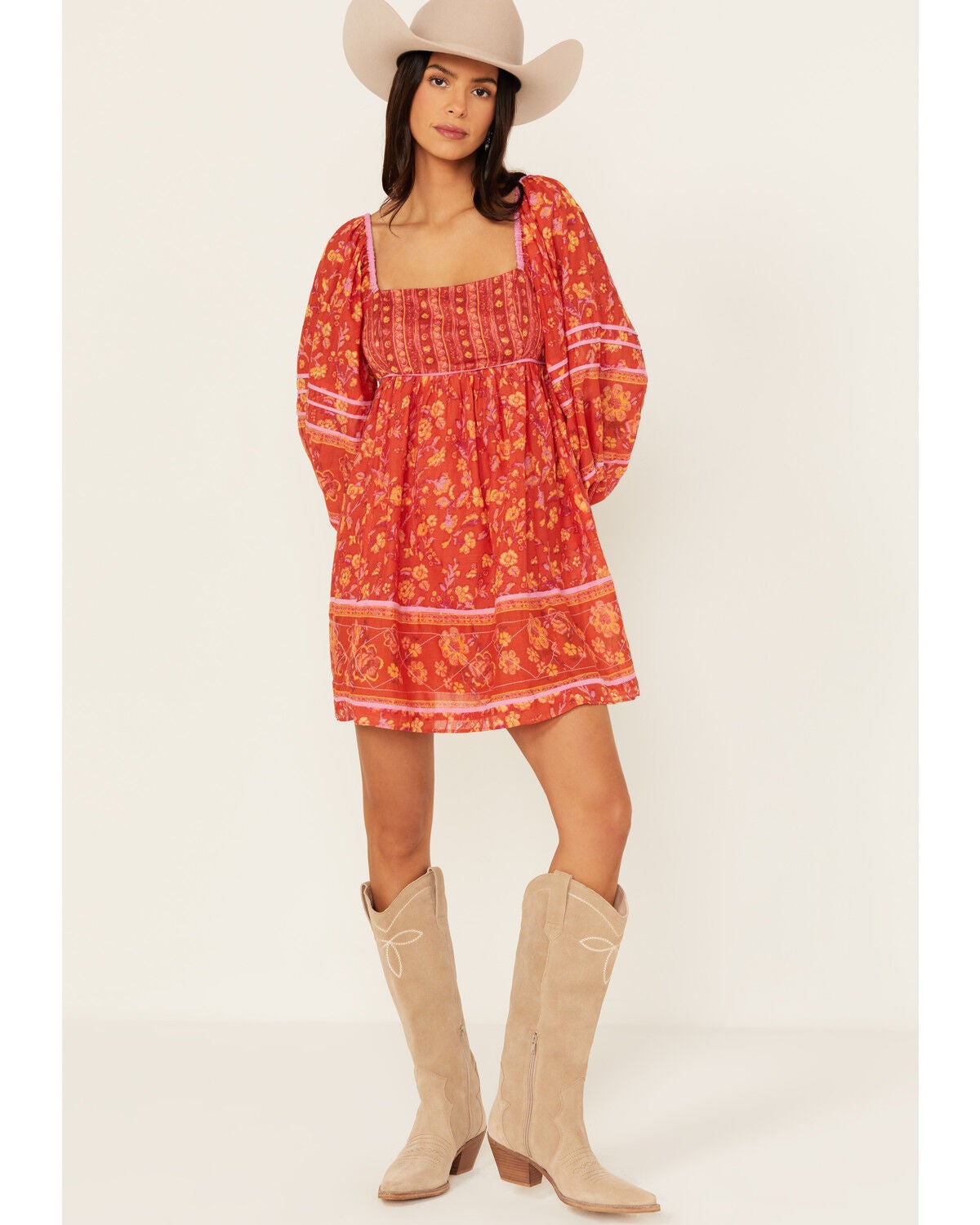 Free People Women's Border Endless Afternoon Long Sleeves Mini Dress, Red, hi-res