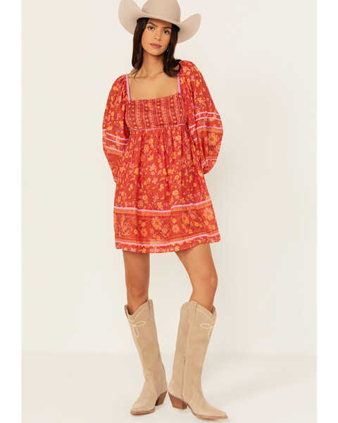 Free People Women's Border Endless Afternoon Long Sleeves Mini Dress , Red, hi-res
