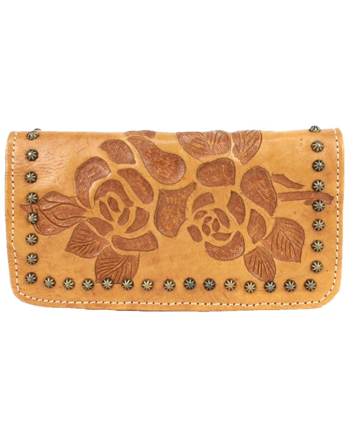 American West Women's Texas Rose Tooled Trifold Wallet, Tan, hi-res