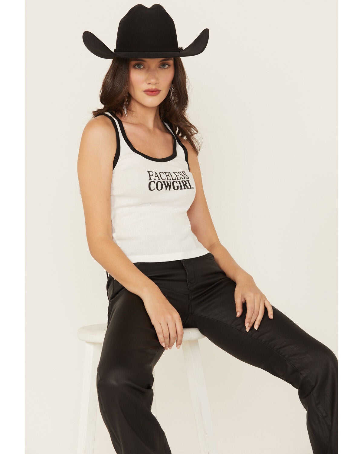 Wonderwest Women's Faceless Cowgirl Baby Rib Tank, Black/white, hi-res