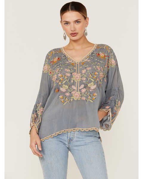 Johnny Was Women's Lantana Embroidered Floral Blouse, Grey, hi-res