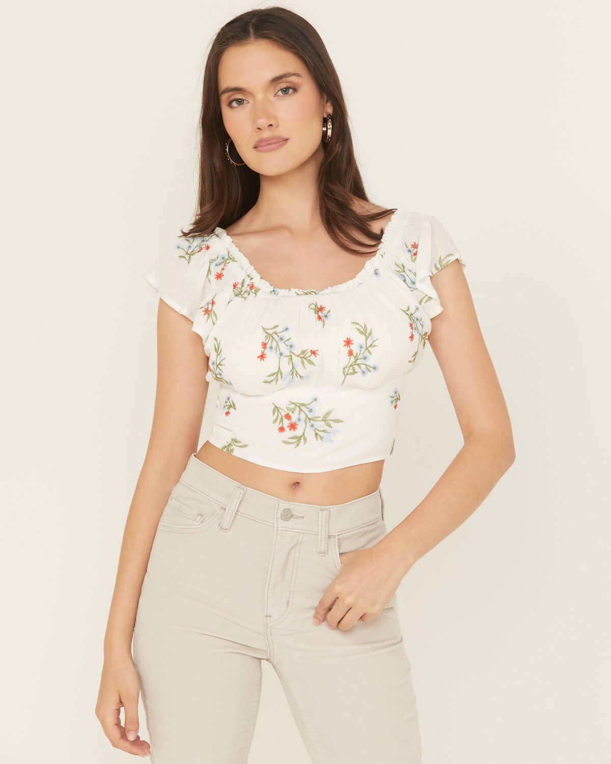 Wild Moss Women's Floral Embroidered Short Sleeve Cropped Shirt, White, hi-res