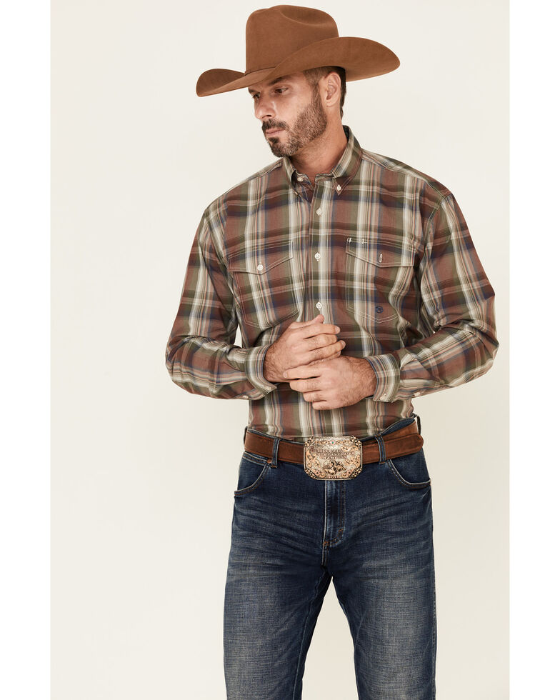 Roper Men's Redwood Plaid Long Sleeve Button-Down Western Shirt , Brown, hi-res