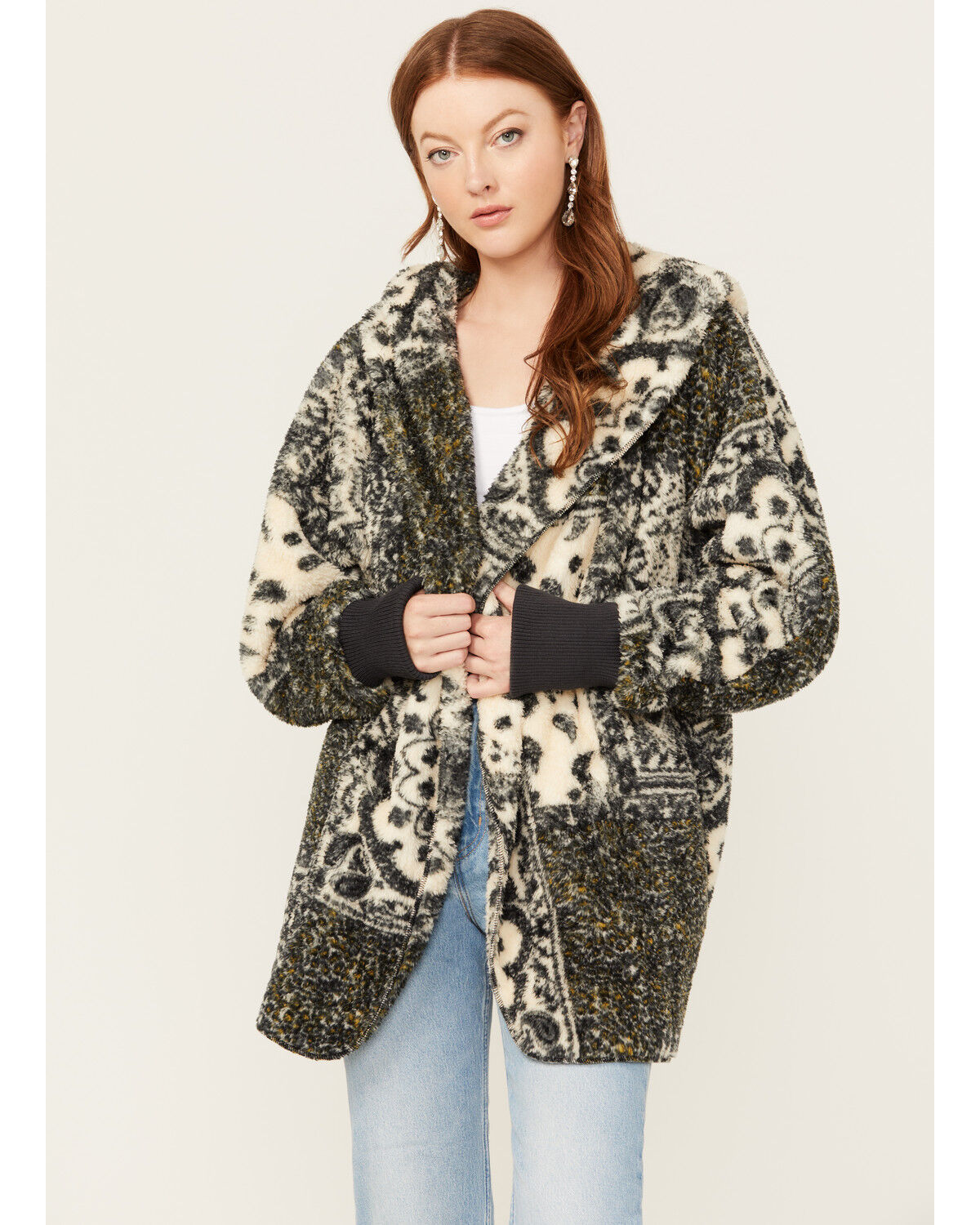 Image #1 - Mystree Women's Paisley Print Fur Hooded Jacket, Black, hi-res