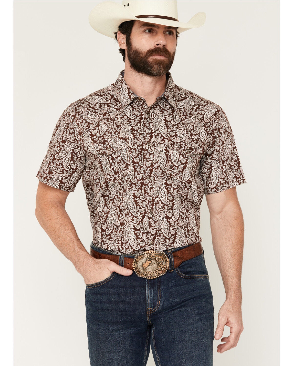 Image #1 - Cody James Men's Rusted Gate Paisley Print Short Sleeve Snap Western Shirt - Tall, Brown, hi-res