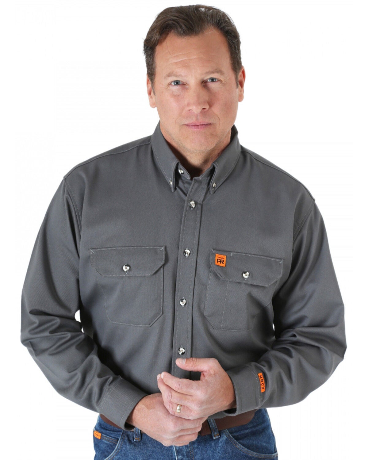 Wrangler Riggs Men's FR Long Sleeve Button Down Work Shirt, Grey, hi-res