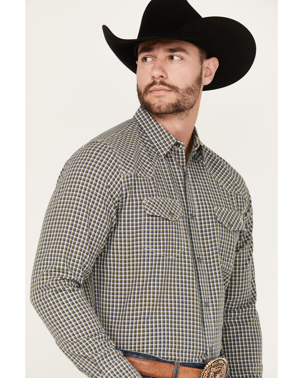Image #2 - Blue Ranchwear Men's Dickens Plaid Print Long Sleeve Snap Shirt, Moss Green, hi-res