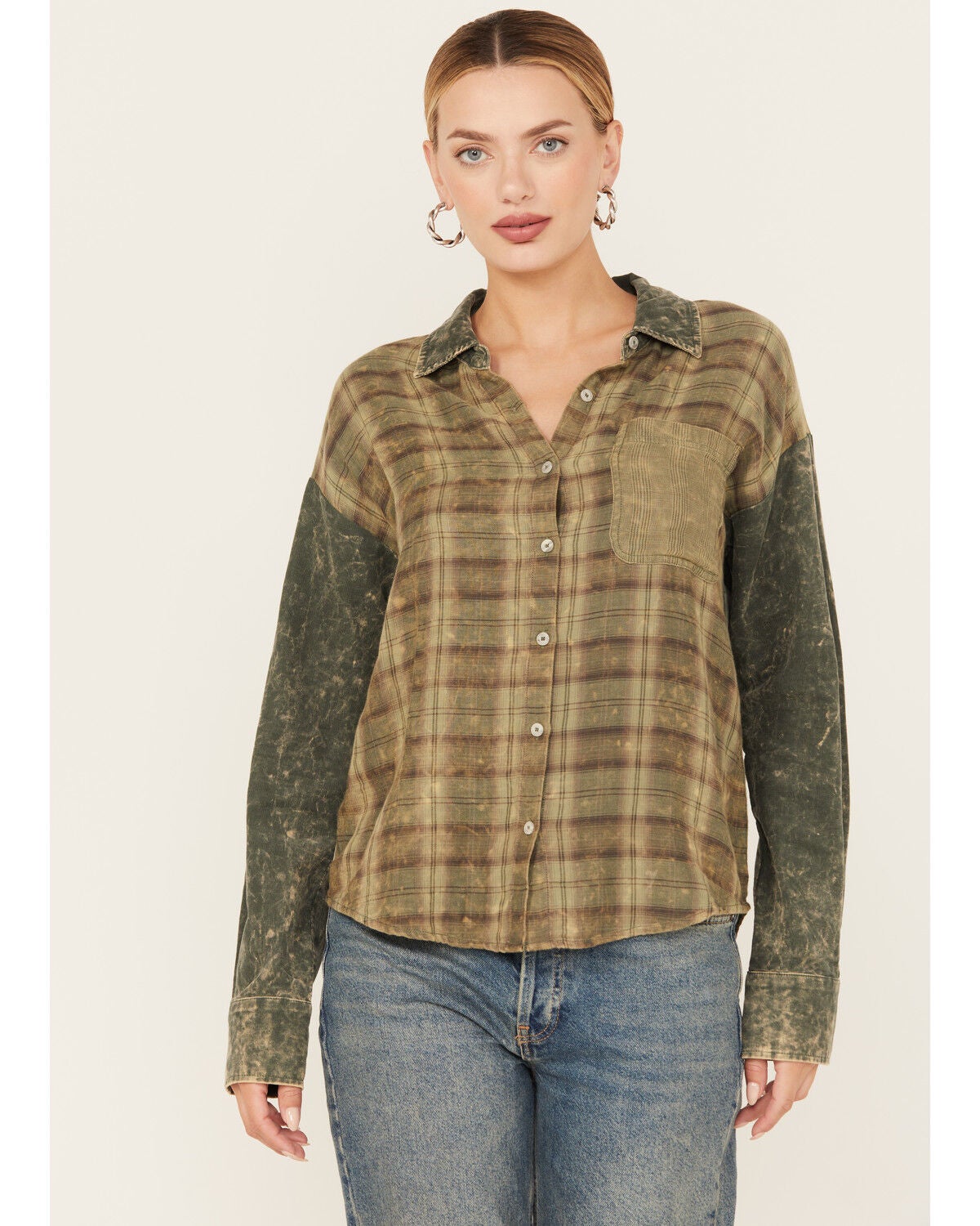 Mystree Women's Plaid Print Color Block Long Sleeve Button-Down Shirt, Green, hi-res