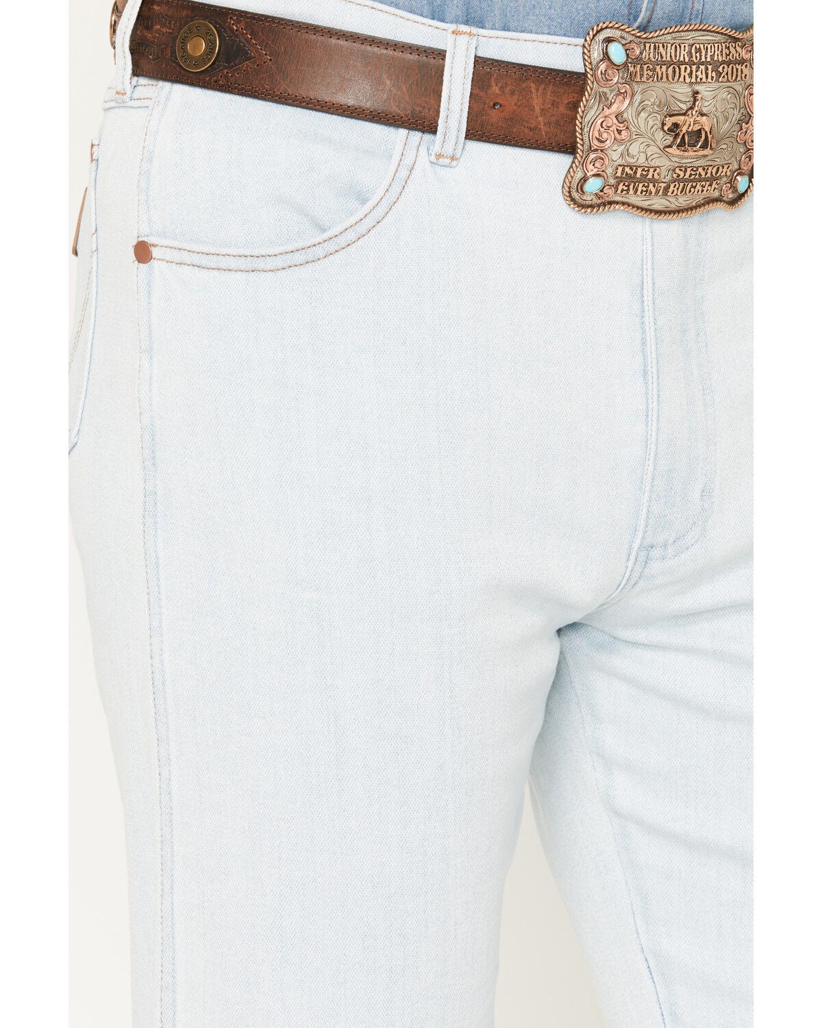 Image #2 - Wrangler Men's 13MWZ Toughlite Light Wash Cowboy Cut Straight Stretch Denim Jeans, Light Wash, hi-res