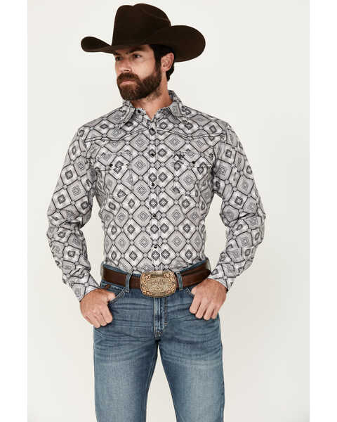 Cowboy Hardware Men's Diamond Southwestern Print Long Sleeve Snap Western Shirt, Charcoal, hi-res