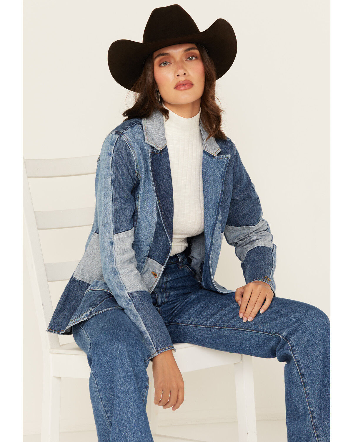 Image #1 - Wrangler x Lainey Wilson Women's Patchwork Denim Blazer, Blue, hi-res