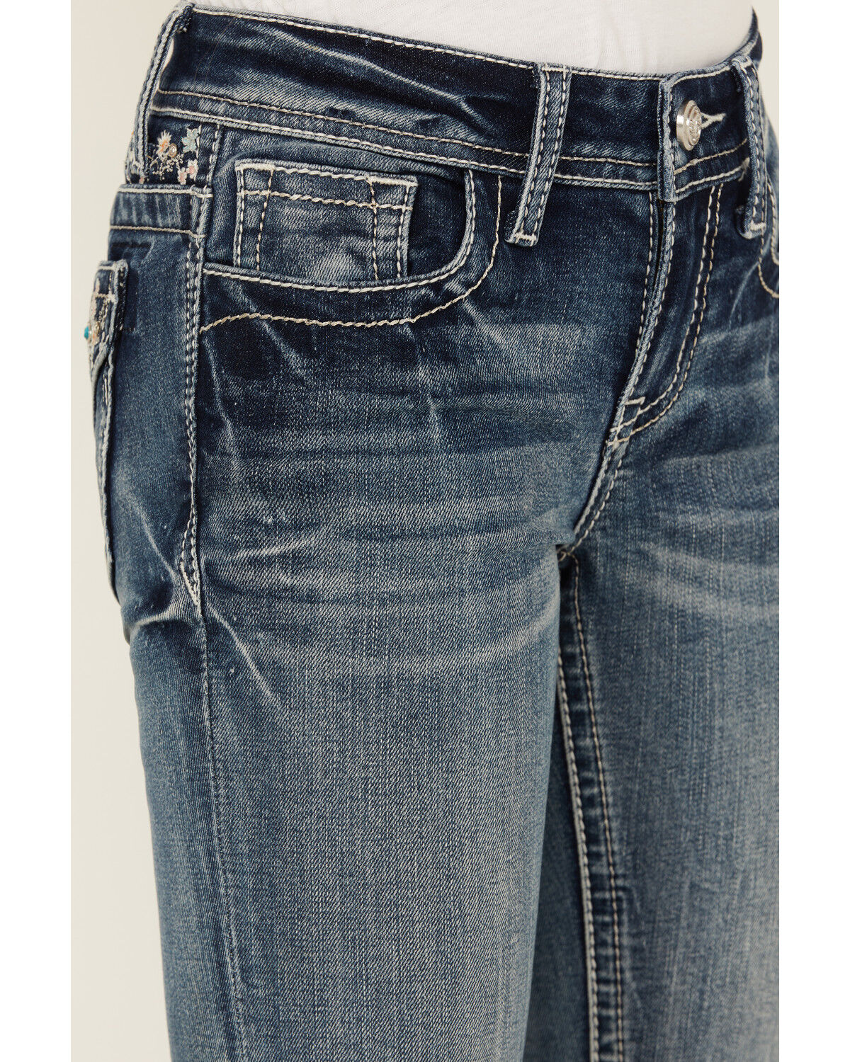 Image #4 - Grace in LA Girls' Medium Wash Floral Embroidered Stretch Bootcut Jeans, Medium Wash, hi-res