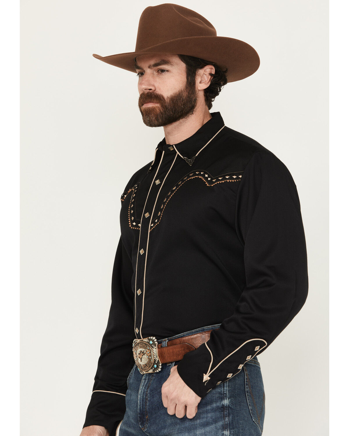 Image #2 - Scully Men's Diamond Embroidered Long Sleeve Western Shirt, Black/white, hi-res