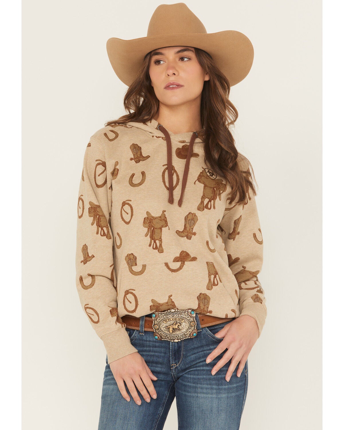 Image #1 - Ariat Women's Conversation Print Hoodie, Tan, hi-res