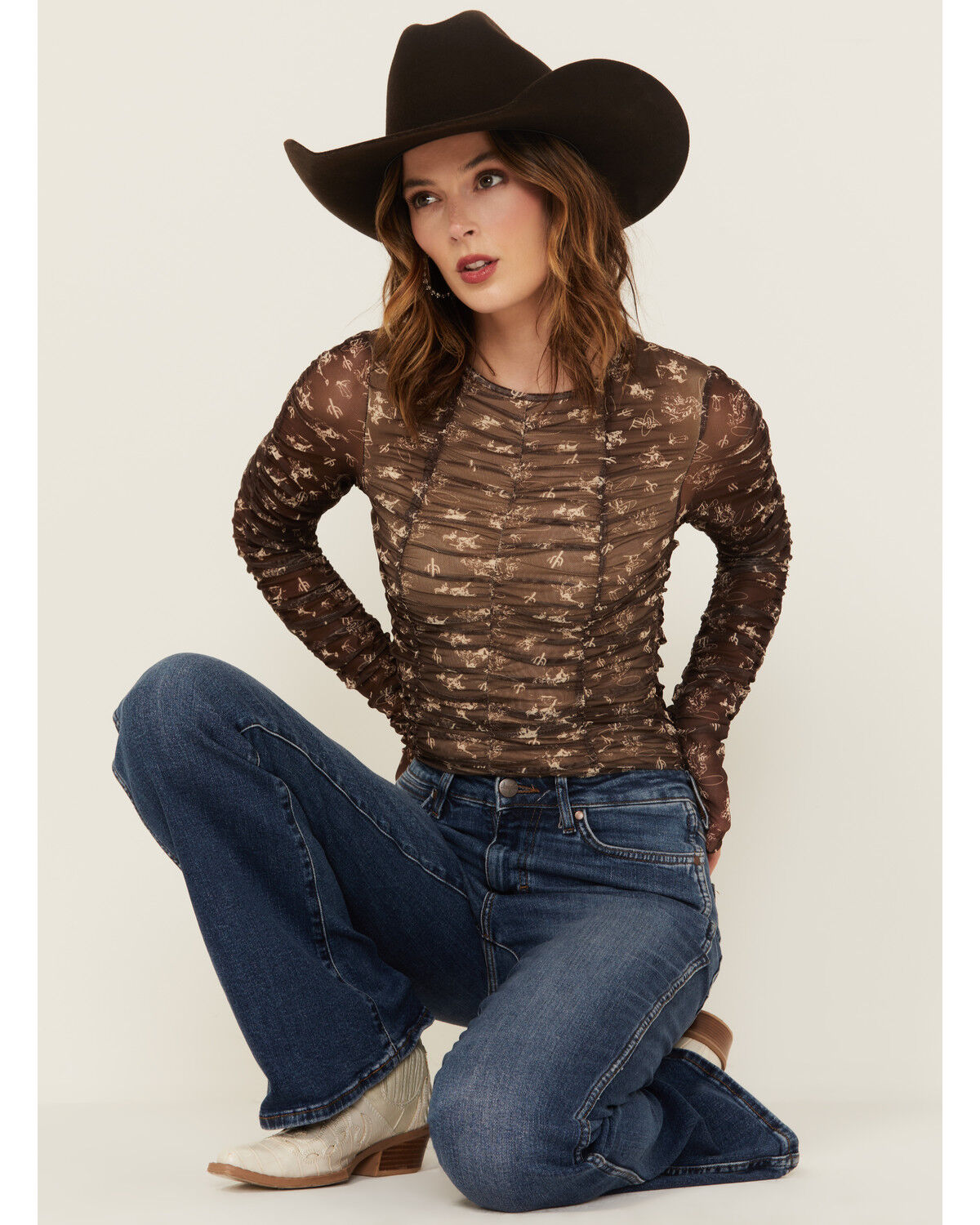 Image #1 - Blue B Women's Conversation Print Mesh Long Sleeve Shirt, Brown, hi-res