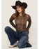 Image #1 - Blue B Women's Conversation Print Mesh Long Sleeve Shirt, Brown, hi-res