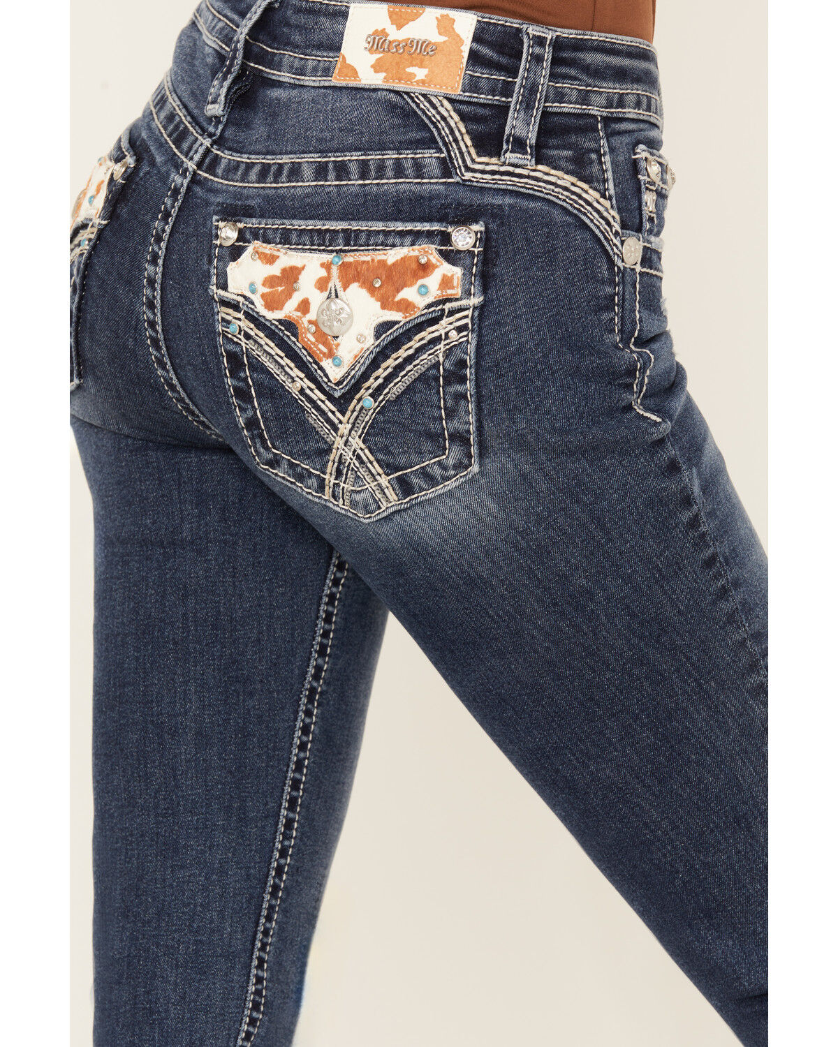 Image #2 - Miss Me Women's Medium Wash Mid Rise Cowhide Pocket Bootcut Stretch Denim Jeans, Medium Wash, hi-res