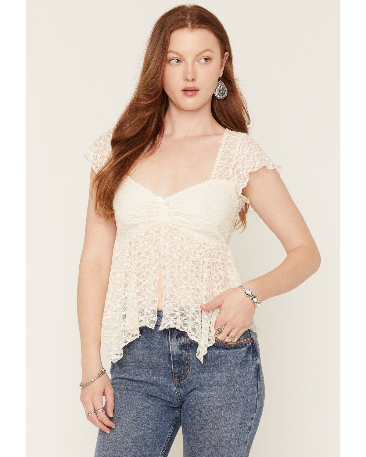Ash & Violet Women's Lace Fly Away Short Sleeve Shirt, Ivory, hi-res