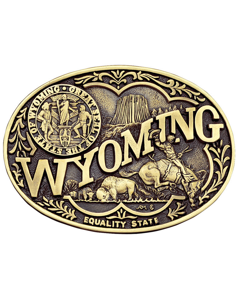 Montana Silversmiths Wyoming State Heritage Attitude Belt Buckle, Gold, hi-res