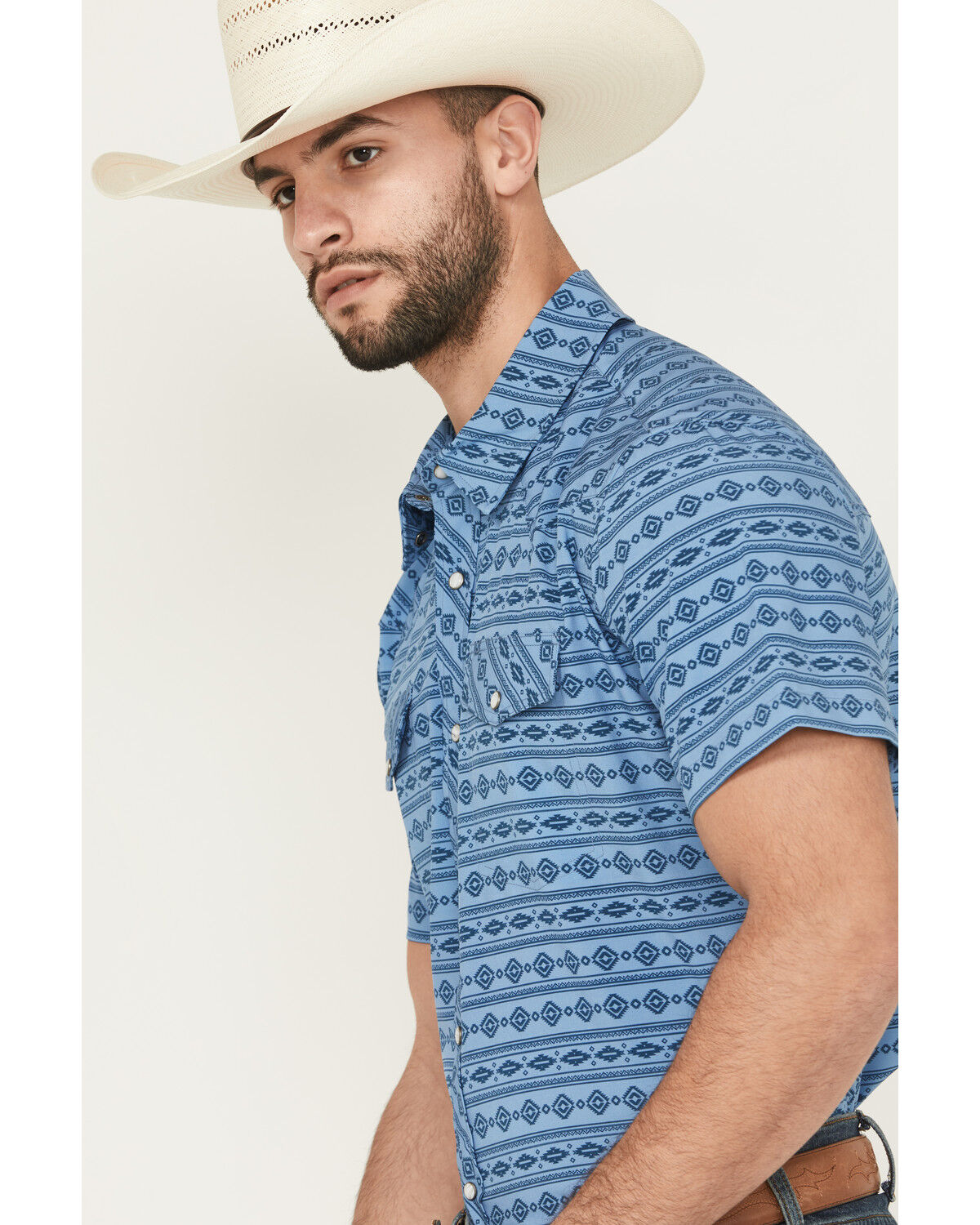 Image #2 - Panhandle Men's Southwestern Print Short Sleeve Snap Performance Western Shirt, Blue, hi-res