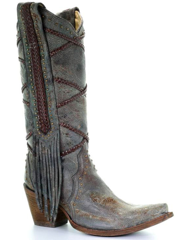 Corral Women's Braided Fringe Cowgirl Boots - Snip Toe, Blue, hi-res
