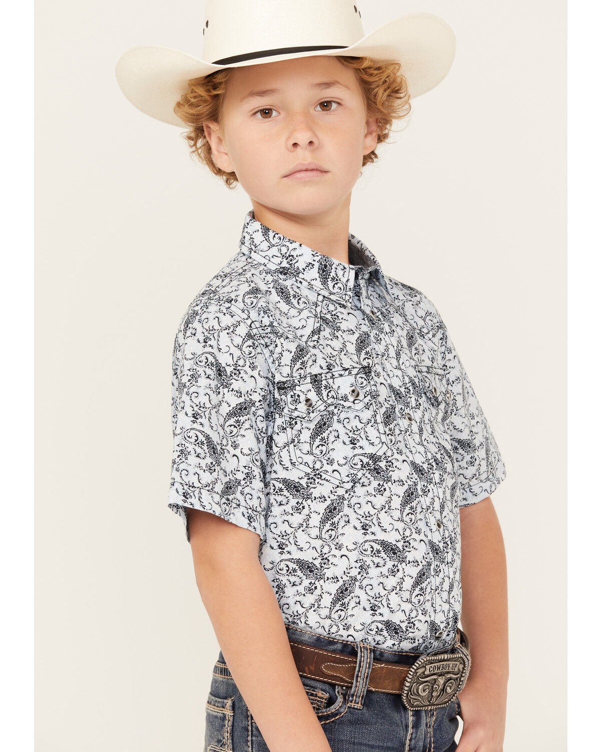 Image #2 - Cody James Boys' Paisley Print Short Sleeve Snap Western Shirt, Navy, hi-res