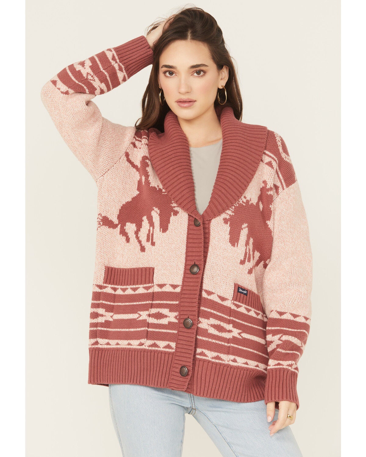 Image #1 - Wrangler Retro Women's Horse Cardigan, Pink, hi-res
