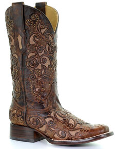 Corral Women's Brown Inlay and Stud Accents Boots - Square Toe , Brown, hi-res