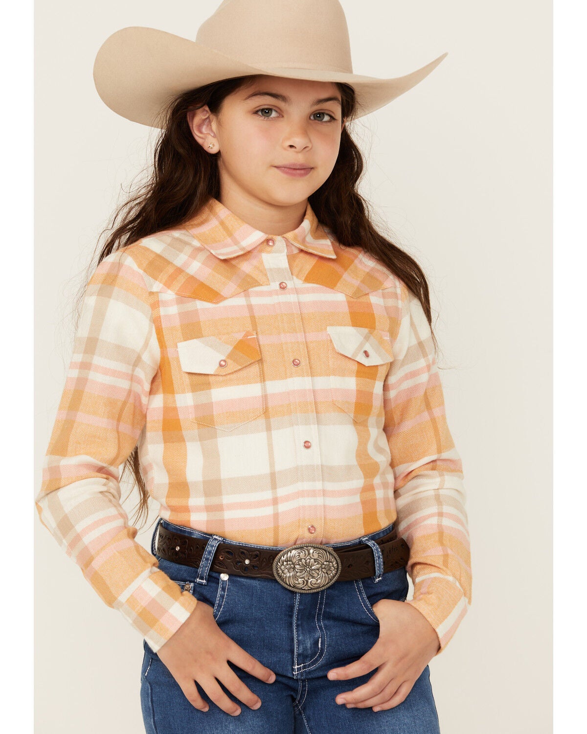 Shyanne Girls' Oak Plaid Print Long Sleeve Pearl Snap Flannel Shirt, Gold, hi-res