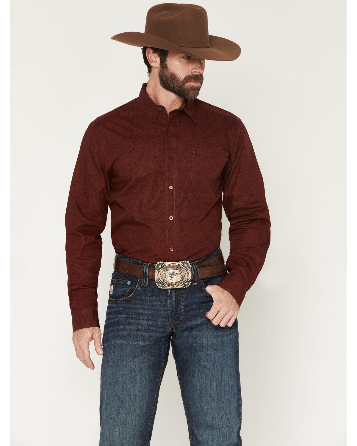 Cinch Men's Modern Fit Paisley Print Long Sleeve Button-Down Western Shirt, Burgundy, hi-res