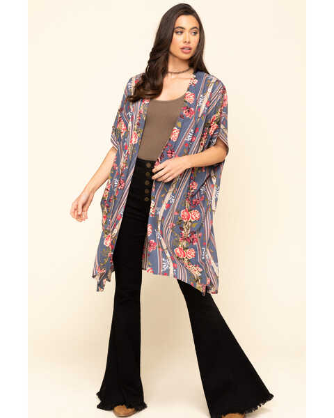 Image #6 - Angie Women's Stripe Floral Challis Kimono, Blue, hi-res