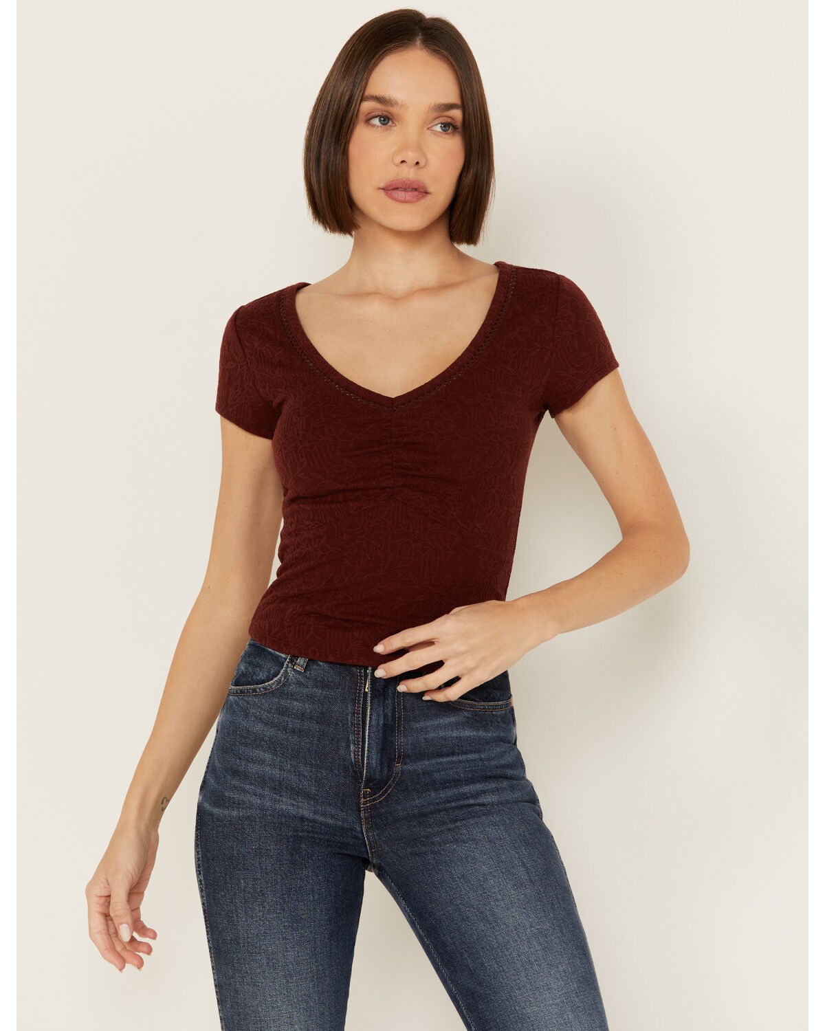 Image #1 - Shyanne Women's V Neck Short Sleeve Stretch Knit Top, Brown, hi-res