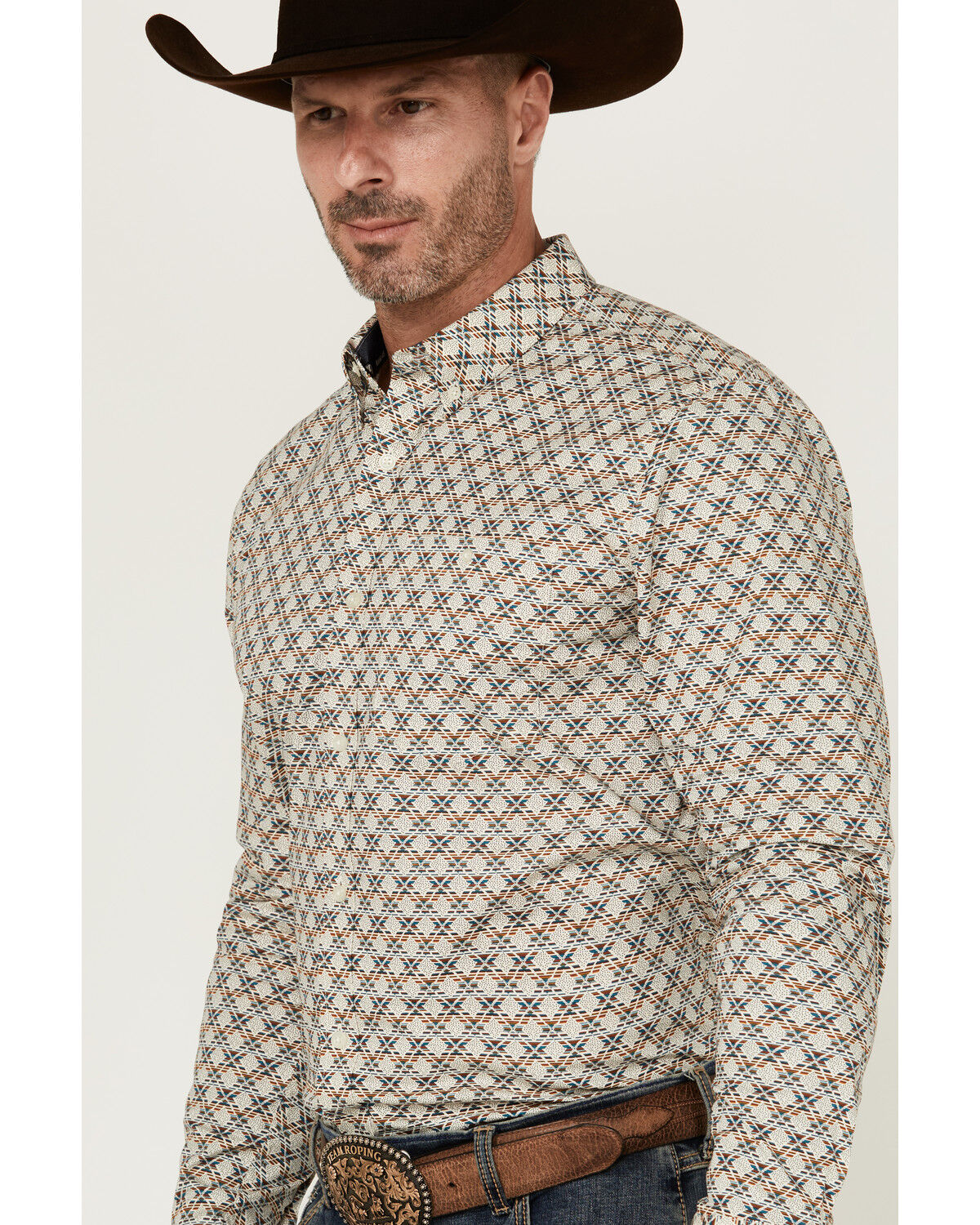 Image #2 - RANK 45® Men's Libreville Geo Print Long Sleeve Button-Down Performance Stretch Western Shirt, Dark Blue, hi-res