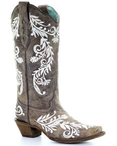 Corral Women's Glow White Embroidered Western Boots  - Snip Toe, Brown, hi-res