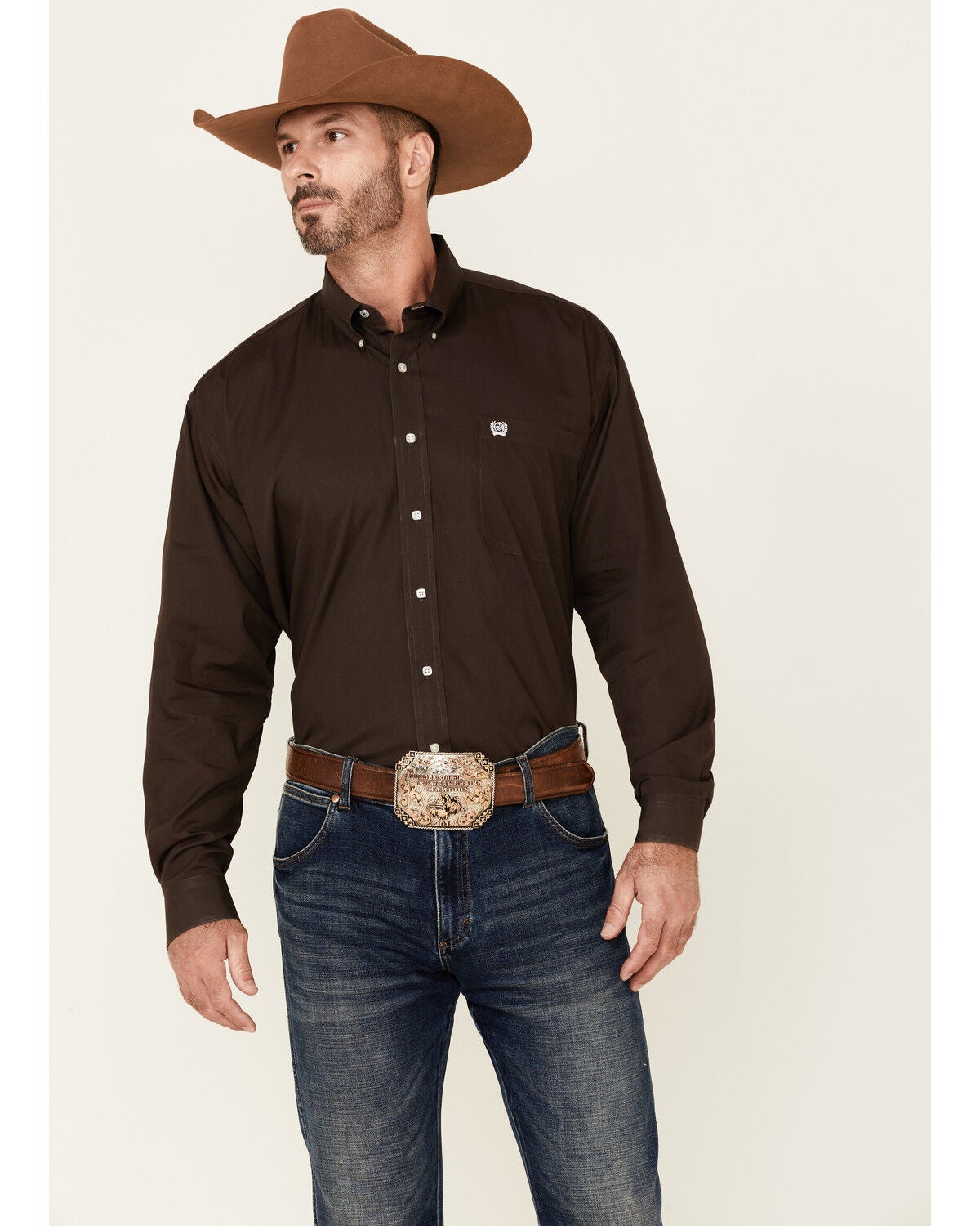 Cinch Men's Solid Brown Button Down Long Sleeve Western Shirt, Brown, hi-res
