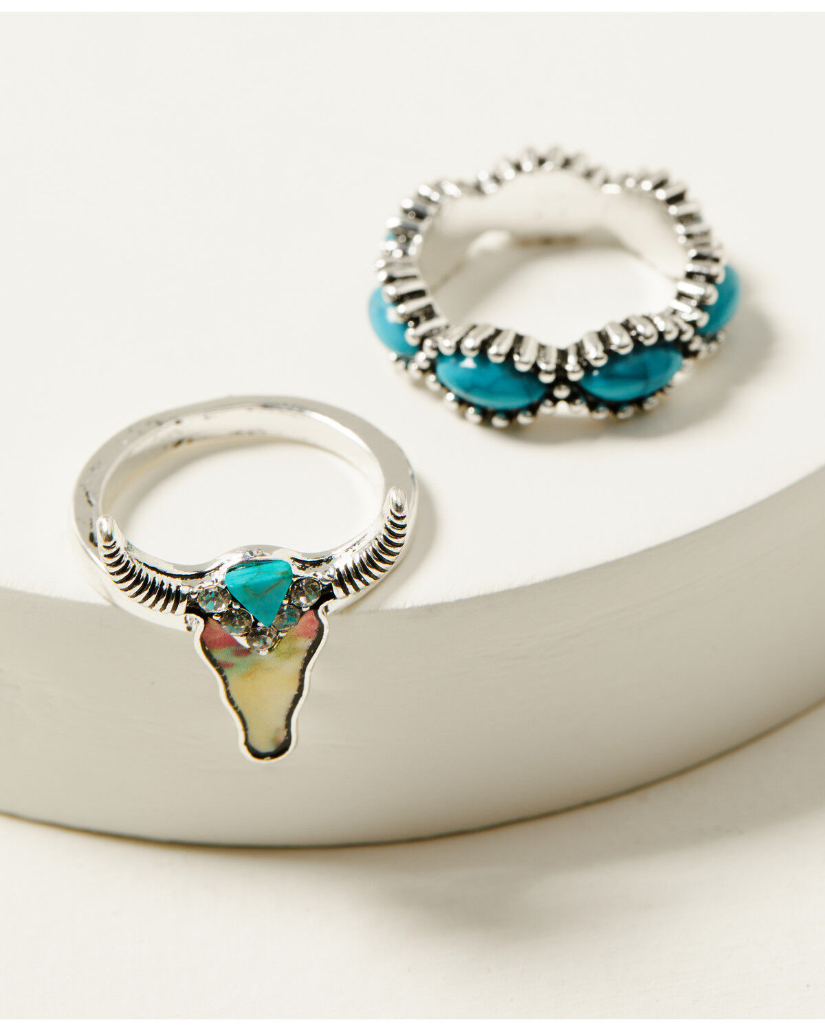 Image #2 - Shyanne Women's Steer Head and Feather Ring Set - 5 Piece, Turquoise, hi-res